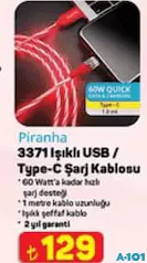 PİRANHA 3371 IŞIKLI USB / TYPE-C ŞARJ KABLOSU